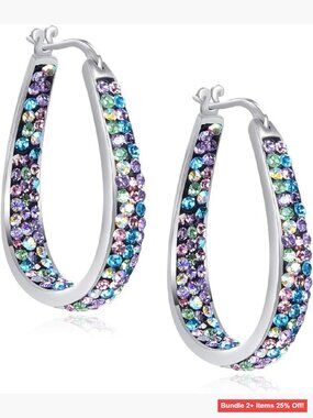 Silver Plated Crystal Hoop Earrings 1.2 Inch Oval Inside Out Design